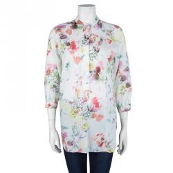 Pre Owned Kenzo White Cotton Multicolor Floral Print Long Sleeve Tunic M