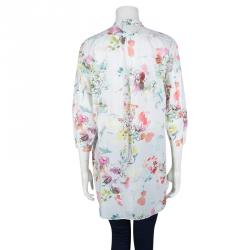 Pre Owned Kenzo White Cotton Multicolor Floral Print Long Sleeve Tunic M
