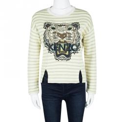 Pre Owned Kenzo Lemon Yellow Striped Knit Embroidered Tiger Motif Sweatshirt S