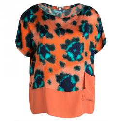 Pre Owned Kenzo Orange Hammered Silk Multicolor Print Short Sleeve Top M