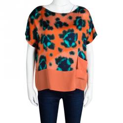 Pre Owned Kenzo Orange Hammered Silk Multicolor Print Short Sleeve Top M