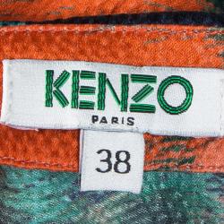 Pre Owned Kenzo Orange Hammered Silk Multicolor Print Short Sleeve Top M