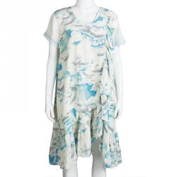 Pre Owned Kenzo Multicolor Cloud Printed Silk Ruffle Detail Dress XL