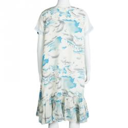 Pre Owned Kenzo Multicolor Cloud Printed Silk Ruffle Detail Dress XL