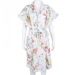 Pre Owned Kenzo White Floral Printed Cotton Belted Dress XL