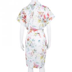 Pre Owned Kenzo White Floral Printed Cotton Belted Dress XL