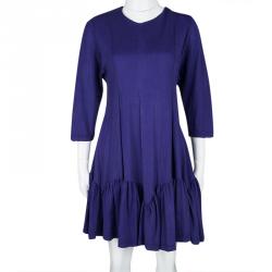 Pre Owned Kenzo Dark Blue Textured Cutout Back Detail Ruffle Bottom Sculptural Dress M