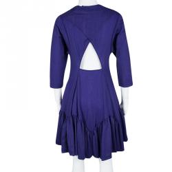 Pre Owned Kenzo Dark Blue Textured Cutout Back Detail Ruffle Bottom Sculptural Dress M