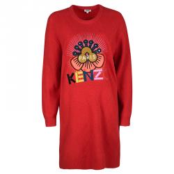 Pre Owned Kenzo Red Wool Tanami Flower Sweater Dress M