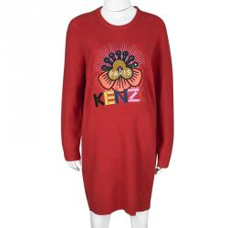Pre Owned Kenzo Red Wool Tanami Flower Sweater Dress M