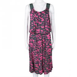 Pre Owned Kenzo Grey and Pink Printed Sleeveless Midi Dress S