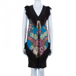 Pre Owned Kenzo Floral Fringed Wool Dress M