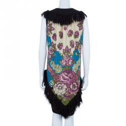 Pre Owned Kenzo Floral Fringed Wool Dress M