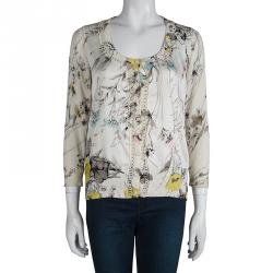 Pre Owned Kenzo Cream Floral Printed Silk Button Front Cardigan M 