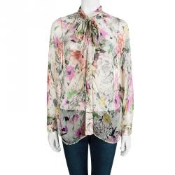 Pre Owned Kenzo Floral Printed Crinkled Silk Chiffon Front Tie Detail Blouse S