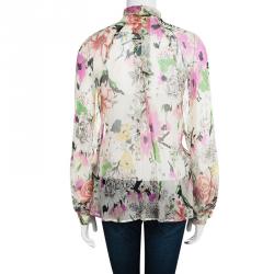 Pre Owned Kenzo Floral Printed Crinkled Silk Chiffon Front Tie Detail Blouse S
