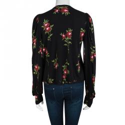 Pre Owned Kenzo Black Floral Printed Silk Jersey Sequin Embellished Wrap Top M