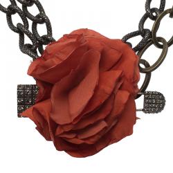 Pre Owned Lanvin Red Flower Crystal Pin Packlock Chain Necklace