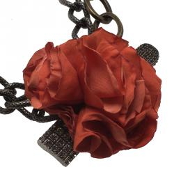 Pre Owned Lanvin Red Flower Crystal Pin Packlock Chain Necklace