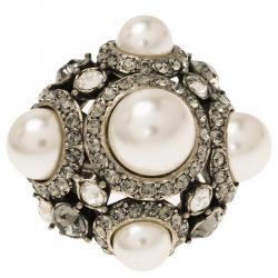 Pre Owned Lanvin Faux Pearls and Crystals Silver Tone Cocktail Ring Size 49