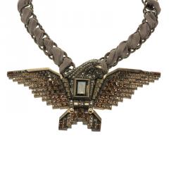 Lanvin Brown Crystal Embellished Eagle Gold Tone & Fabric Necklace
