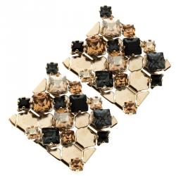 Pre Owned Lanvin 'Chain Lumiere' Crystal honeycomb Gold Tone Stud Earrings