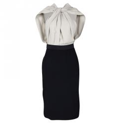 Pre Owned Lanvin Beige and Black Knotted Back Detail Draped Front Dress M