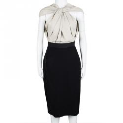 Pre Owned Lanvin Beige and Black Knotted Back Detail Draped Front Dress M
