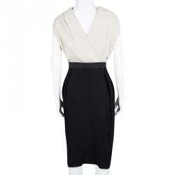 Pre Owned Lanvin Beige and Black Knotted Back Detail Draped Front Dress M