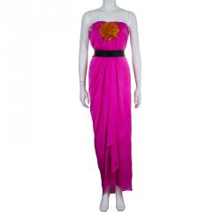 Pre Owned Lanvin Pink Sequin Floral Brooch Detail Strapless Belted Silk Dress  M