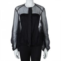 Pre Owned Lanvin Black Sheer Organza Gathered Long Sleeve Blouse M