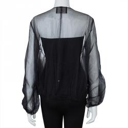 Pre Owned Lanvin Black Sheer Organza Gathered Long Sleeve Blouse M