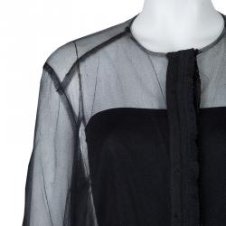Pre Owned Lanvin Black Sheer Organza Gathered Long Sleeve Blouse M