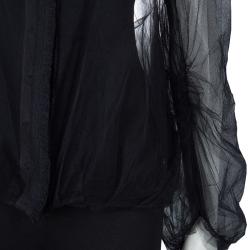 Pre Owned Lanvin Black Sheer Organza Gathered Long Sleeve Blouse M