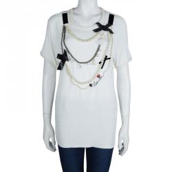 Pre Owned Lanvin White Jersey Embellished Necklace Detail T-Shirt M