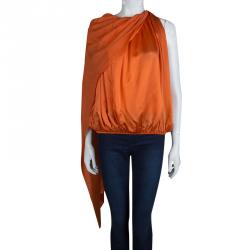 Pre Owned Lanvin Orange Silk Draped Sleeveless Blouse L