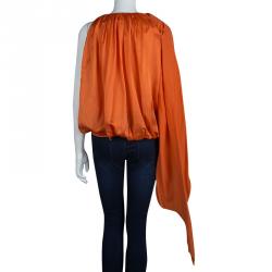 Pre Owned Lanvin Orange Silk Draped Sleeveless Blouse L
