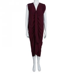 Pre Owned Lanvin Burgundy Silk Ruched Draped Dress S