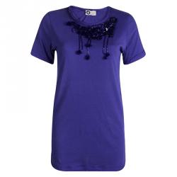 Pre Owned Lanvin Blue Knit Sequin Embellished Chiffon Trim Top S