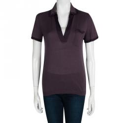 Pre Owned Lanvin Purple Knit Contrast Trim Short Sleeve Top M