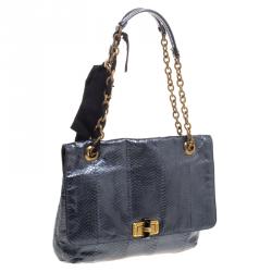 Pre Owned Lanvin Metallic Navy Blue Python Happy Shoulder Bag