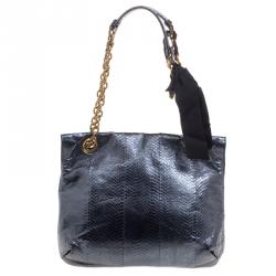 Pre Owned Lanvin Metallic Navy Blue Python Happy Shoulder Bag