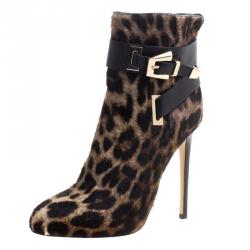 Pre Owned Le Silla Leopard Printed Calf Hair Ankle Boots Size 37