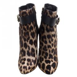 Pre Owned Le Silla Leopard Printed Calf Hair Ankle Boots Size 37