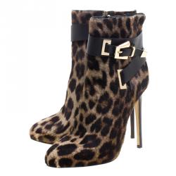 Pre Owned Le Silla Leopard Printed Calf Hair Ankle Boots Size 37