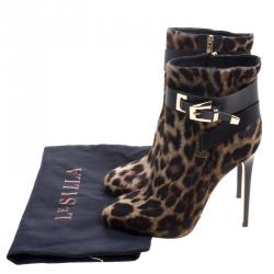 Pre Owned Le Silla Leopard Printed Calf Hair Ankle Boots Size 37