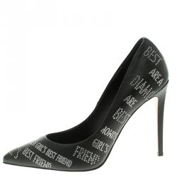 Pre Owned Le Silla Black Crystal Embellished Leather Pointed Toe Pumps Size 39