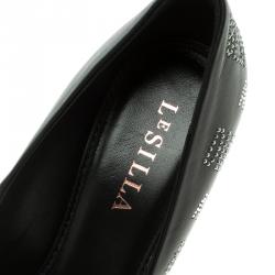 Pre Owned Le Silla Black Crystal Embellished Leather Pointed Toe Pumps Size 39
