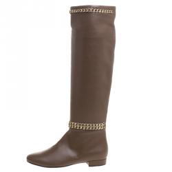 Pre Owned Le Silla Brown Leather Chain Detail Knee High Boots Size 39