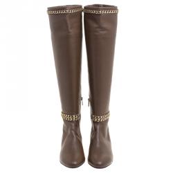 Pre Owned Le Silla Brown Leather Chain Detail Knee High Boots Size 39